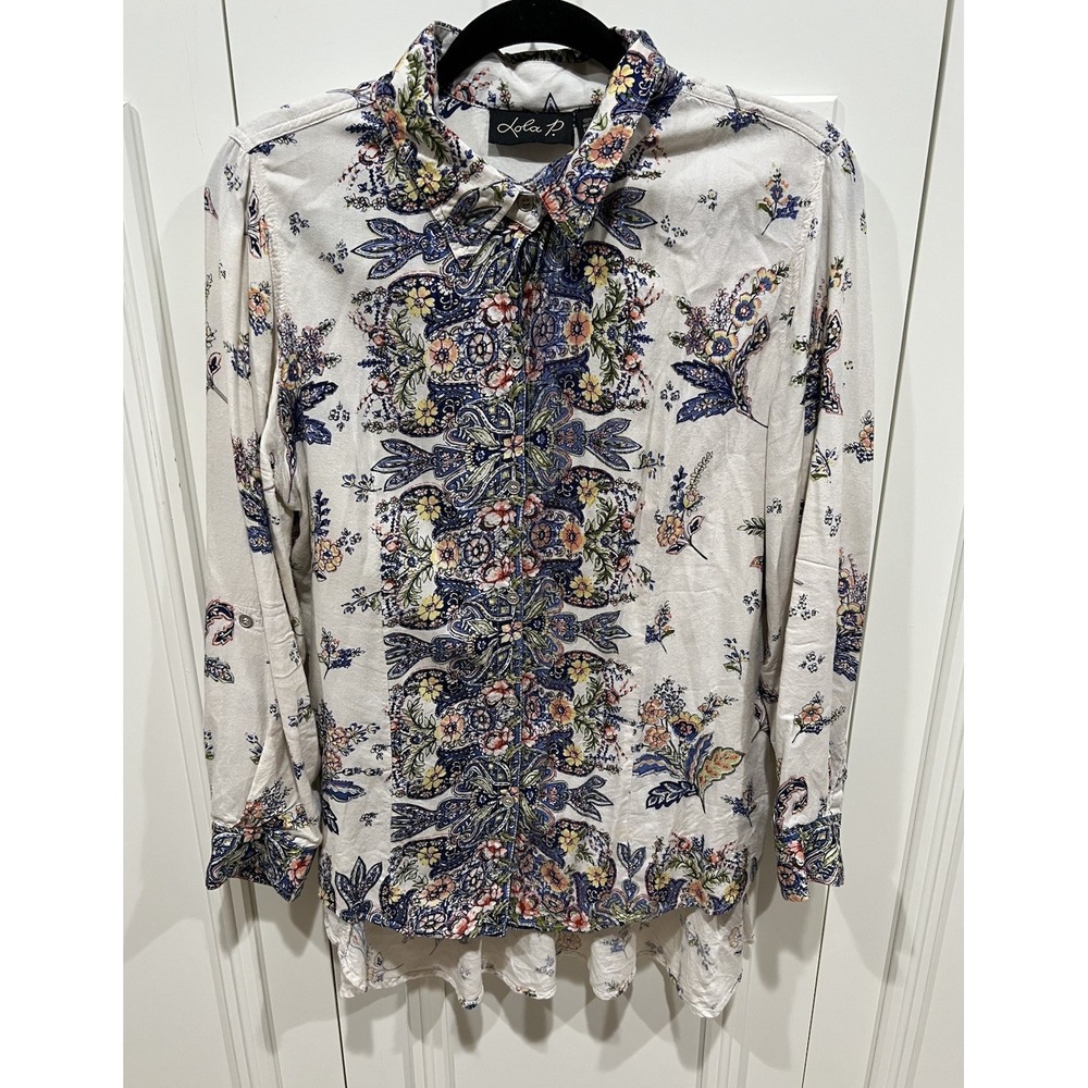 Lola P Floral Print Button Up Tunic Size Small Relaxed Cottagecore Boho